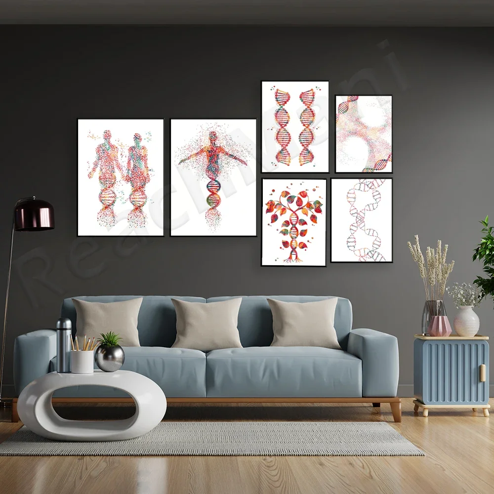 Dna molecular art, DNA double helix inheritance, human cell structure, DNA nucleosome watercolor abstract biology poster