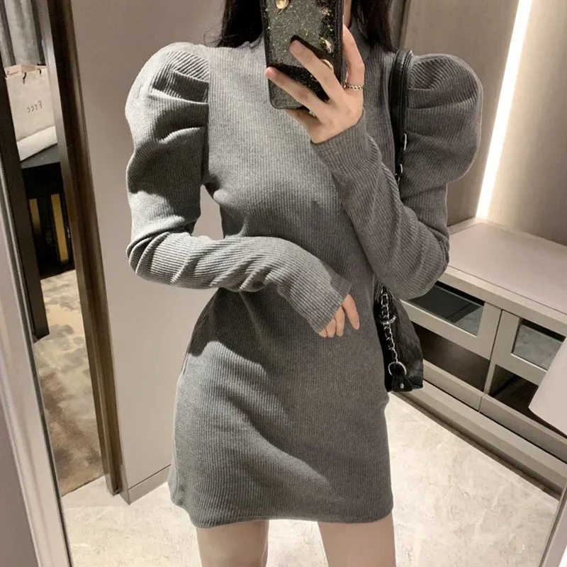 Luckever women's turtleneck knitted dress fashion slim fit puff long sleeve mini dresses female Korean elegant bodycon hip dress