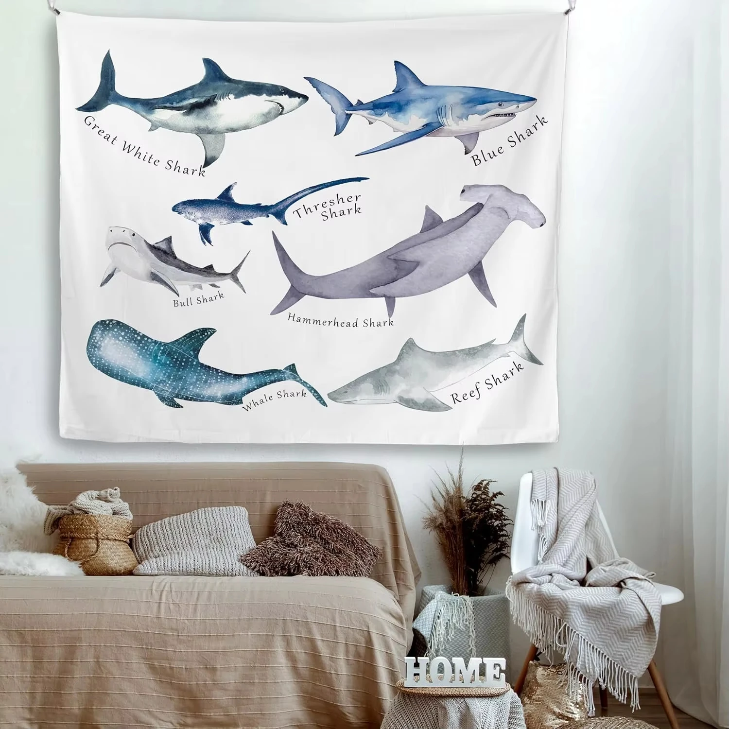 Ocean Shark Tapestry, Types of Sharks Educational Wall Hanging for Kids Room Coastal Beach Decor