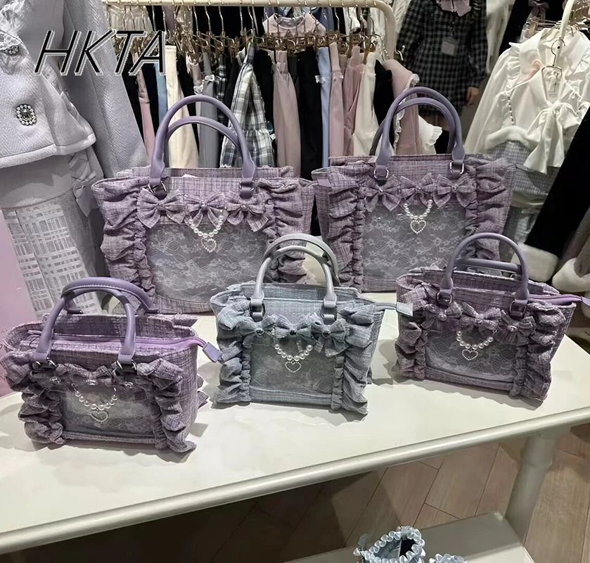 Japoński styl kopalnia torby kobiety potargane koronkowe Lolita dziewczyny Rhienstone perła Bowknot kwadratowa torebka na ramię przenośne torebki Bolso