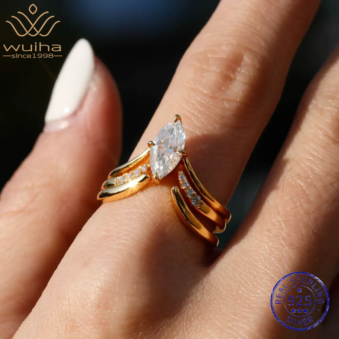

WUIHA 925 Sterling Silver Maruquise Cut D Color GRA Real Moissanite Diamonds Wedding Engagement Ring Set Pass Test Fine Jewelry
