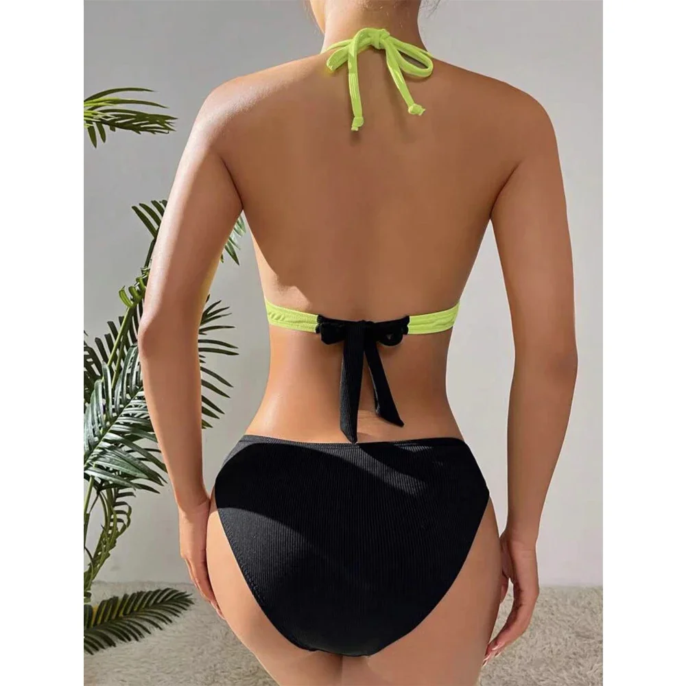 2025, Farbblock-Badeanzug für Damen, zweiteilig, hohe Taille, Bikini, fluoreszierender Riemen, Badeanzug, V-Ausschnitt, Push-up, Sommer-Strand-Badebekleidung