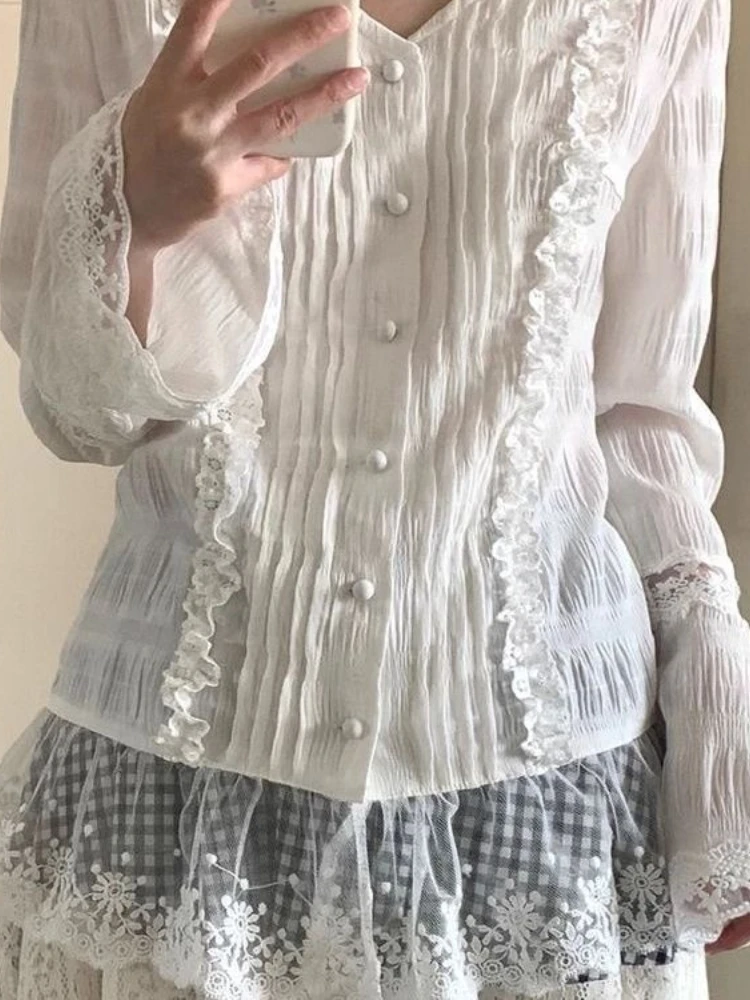 French Design Blouses Solid Color V Neck Flare Sleeve Lace Patchwork Pleated Shirts Spring Autumn All Match Women Clothing 2024