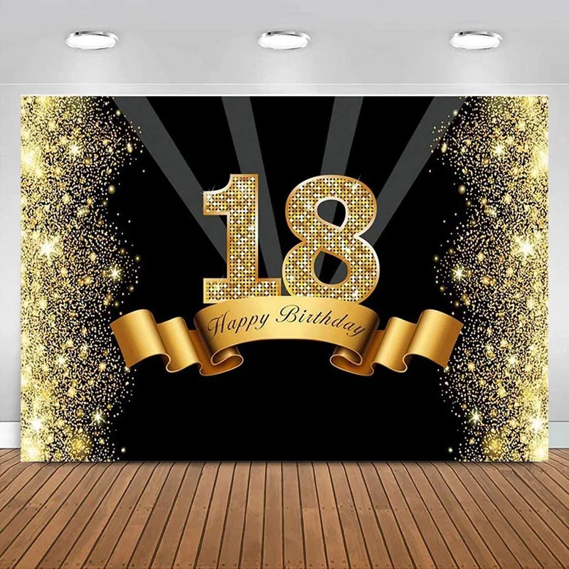 Toile de fond de photographie de fête d'anniversaire, décorations de joyeux anniversaire, accessoires de bannière, noir et or, arrière-plan participé, 18 ans