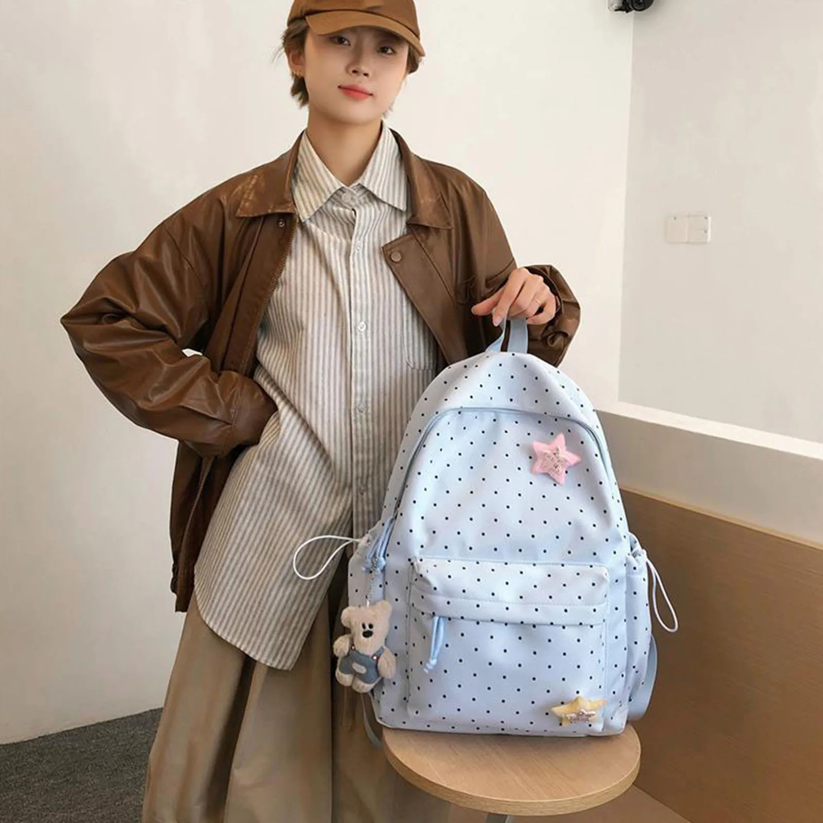 Nylon Polka Dot Bag Large Capacity Travel Daypacks with Pendant for Women Vacation Shopping Daily Use
