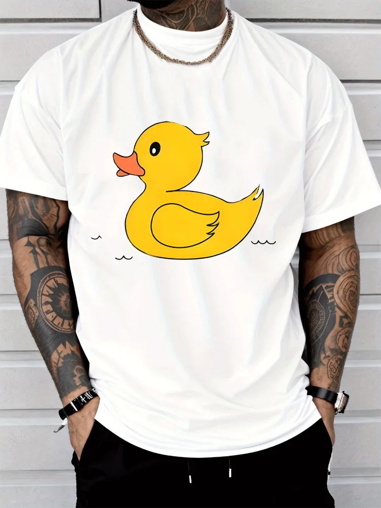 Black Mens Summer Tee Cute Yellow Rubber Duck Cartoon Print Soft Loose Casual Street Fashion Top For Daily Male Outfit