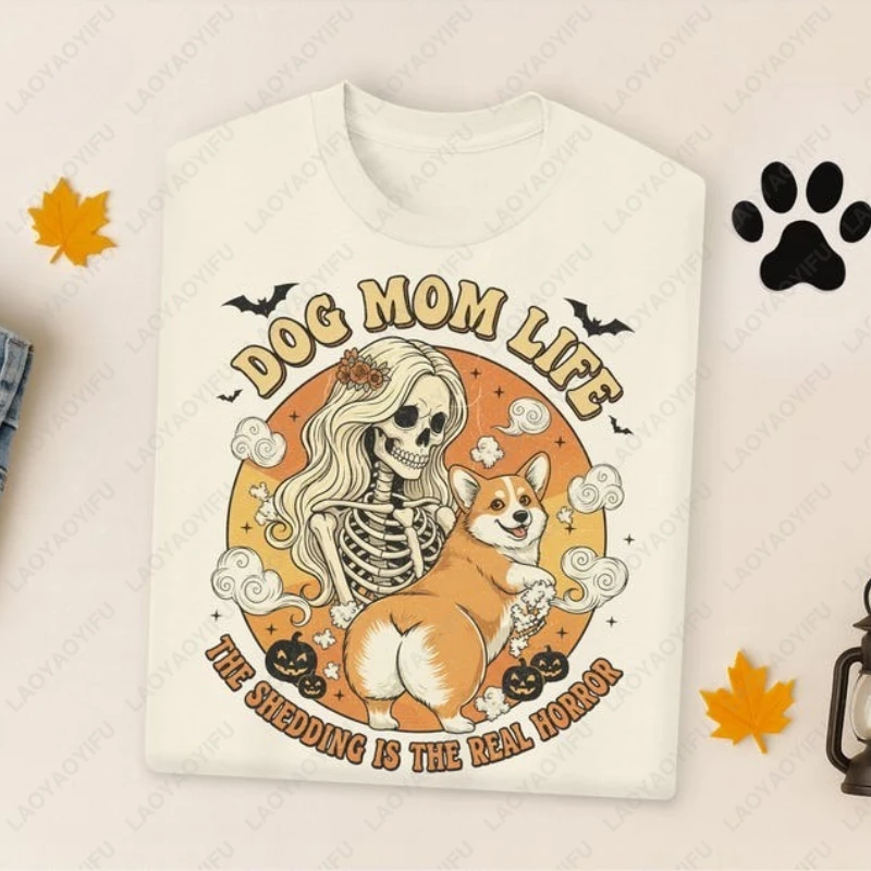 Corgi Halloween Funny Dog Mom Skeleton Clothing Men Women All Saints' Day Festival Tshirt Casual Autumn Fall Lovely Unisex Tops