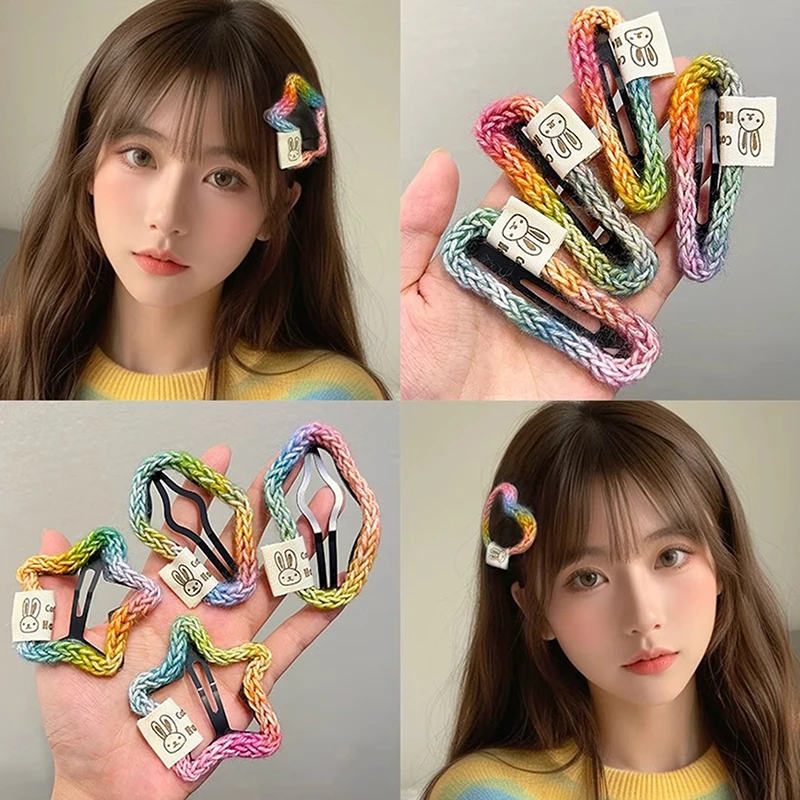 2pcs Rainbow Woolen Yarn Hand-woven Star Heart Hair Clips Headdress Colorful Fashion Women Knitted Hairpin Girl Hair Accessories