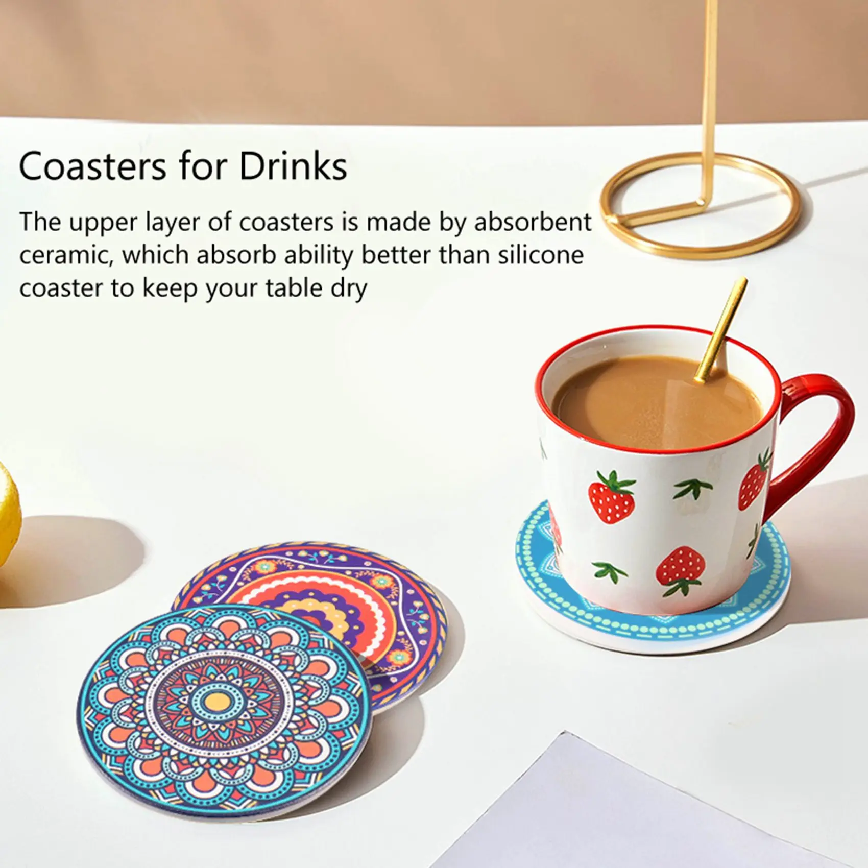 Coasters For Drinks, Set Of 8 Absorbent Stone Coasters For Wooden Table, Mandala Coasters With Cork Base-A68E