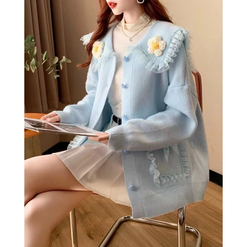 Sweet Peter Pan Collar Pockets Bow Lace Cardigan Sweaters Female Clothing 2024 Autumn Winter New Loose Knitted Young Style Tops