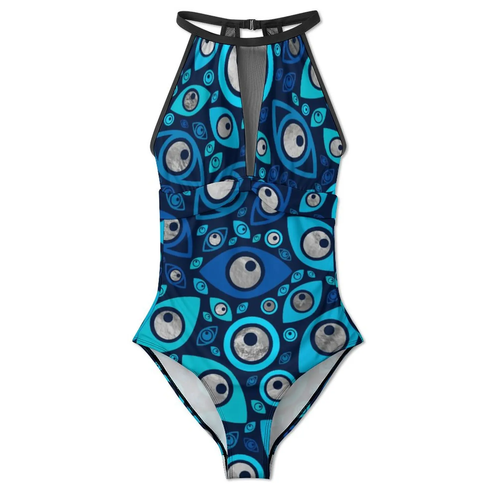 Greek Evil Eye Print Swimsuit Blues and Silver One Piece Swimwear Push Up Novelty Bathing Suit Sexy Holiday Surf Swimsuits