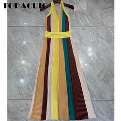 5.8 TOPACHIC-Women's Elegant Striped Contrast Color High Collect Waist Long Dress Sexy Backless Halter Sleeveless Knit Dress