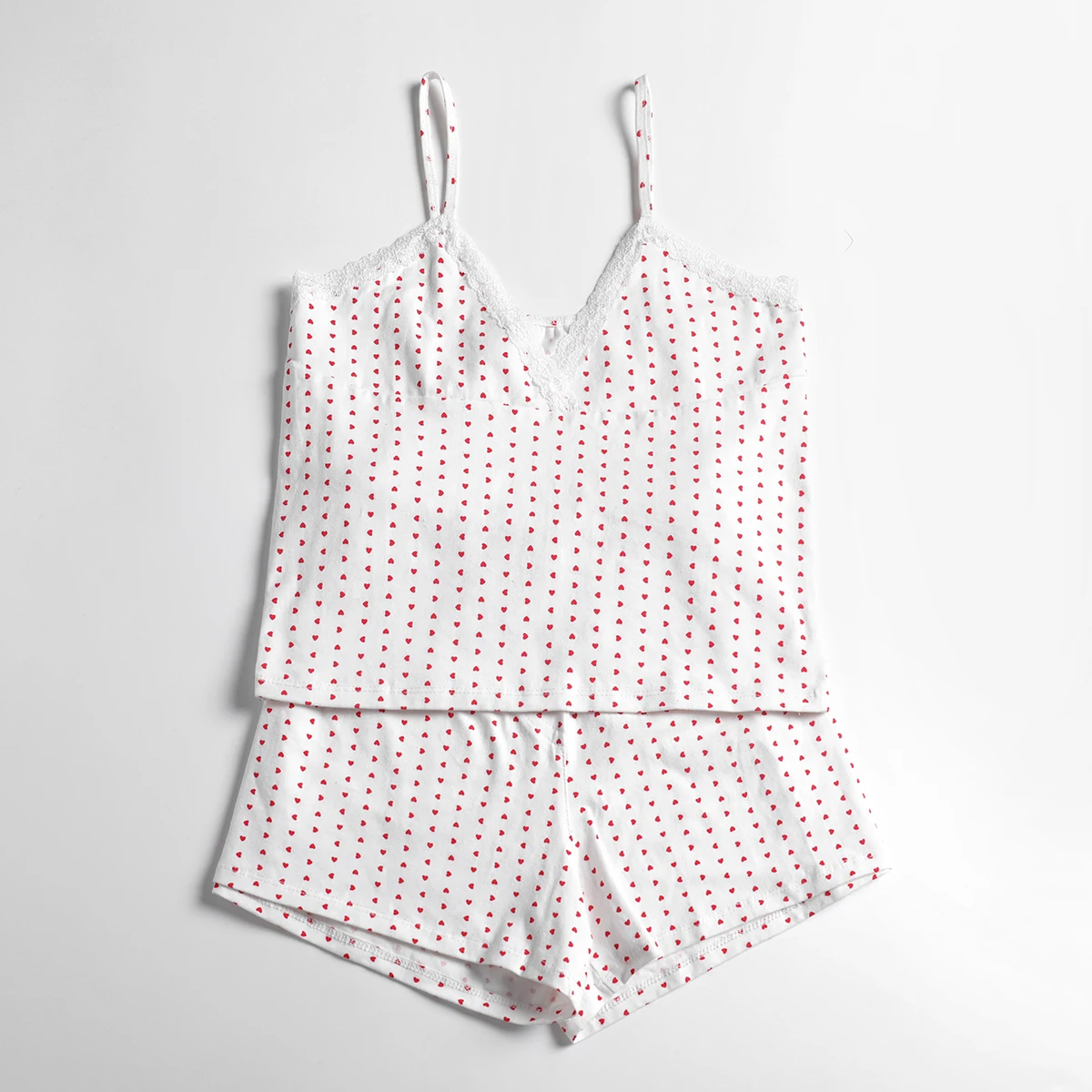 Conjuntos de pijamas de 2 piezas para mujer, camisola sin mangas de encaje Y2k con estampado de corazón, Tops y pantalones cortos, ropa de dormir a