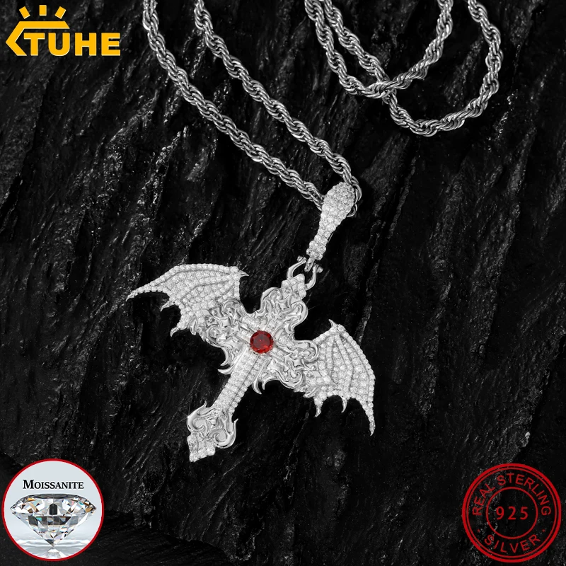 TUHE Unisex Cross Angel Wings Pendants Necklaces Ice Out Moissanite S925 silver Pendants For Men Hip Hop Jewelry Gift