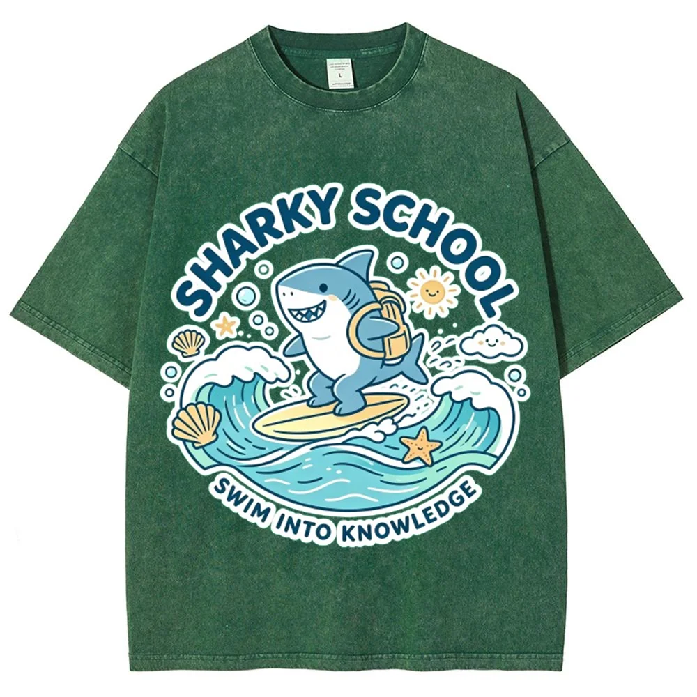 Shark School Cartoon Graphic T-Shirt Funny Shark Surfing Ocean Waves Casual Short Sleeve Summer Tee Unisex Top