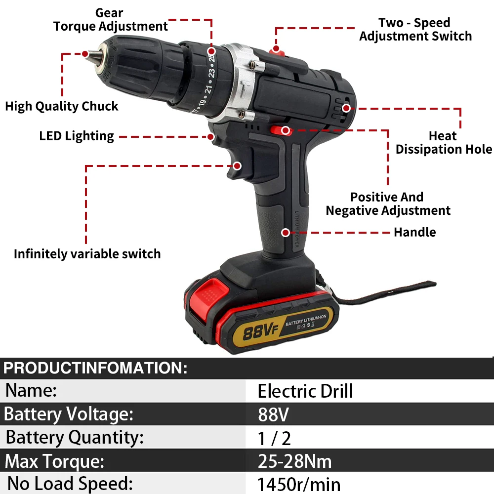 21V Cordless Impact Drill Electric Hammer Drill Lithium-Ion Battery 25+3 Torque Setting 2 Speed Electric Screwdriver Power Tools