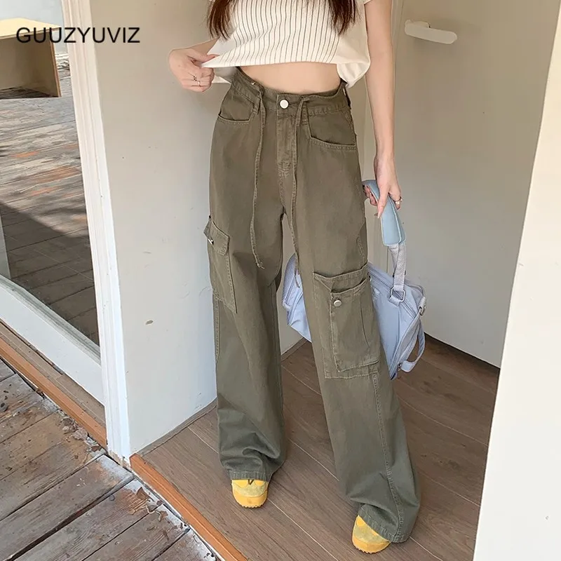 

GUUZYUVIZ Women's Cargo Pants 2023 New Korean Fashion High Waisted Multiple Pockets Woman Solid Y2K Casual Baggy Straight Jeans