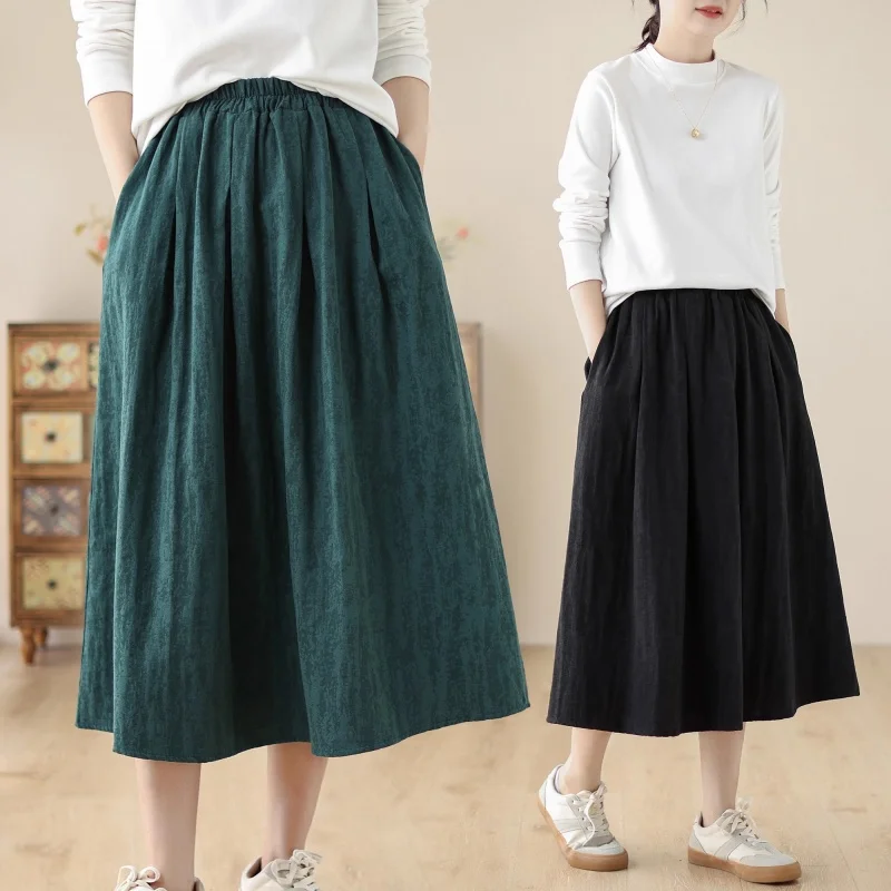 

2025 Autumn/Winter New Jacquard Cotton Skirt For Women Elastic Waist Solid Color Versatile Vintage Skirt w658