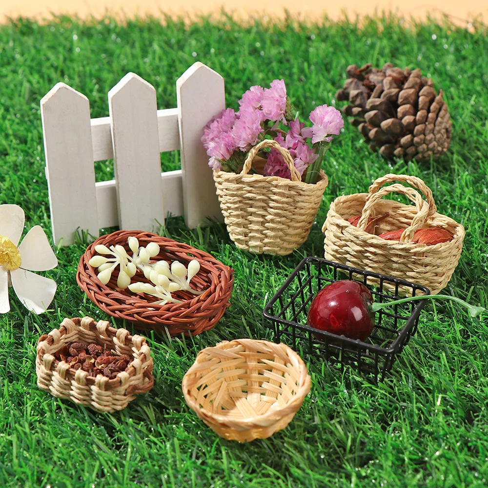 1/12 Scale Mini Dollhouse Furniture Storage Basket Vegetable Food Hand-woven Iron Frame Dolls Accessories Miniature Decoration