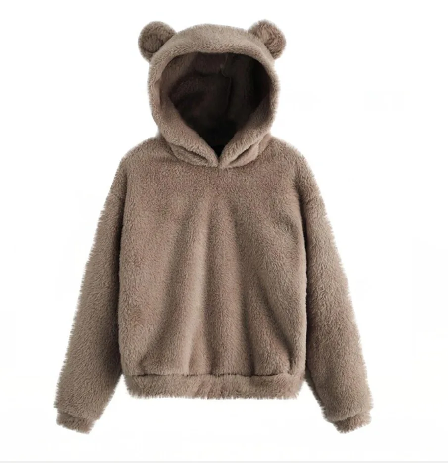 2024 Autumn Winter New Solid Color Plush Hoodie Women Fashion Simple Style Cute Hairy Hooded Sweater Casual Female Clothing Tops