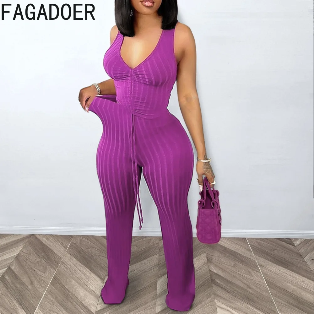 FAGADOER Sexy Deep V Drawstring Two Piece Sets For Women Deep V Sleeveless Slim Top And Pants Outfits Female 2pcs Clothing 2024