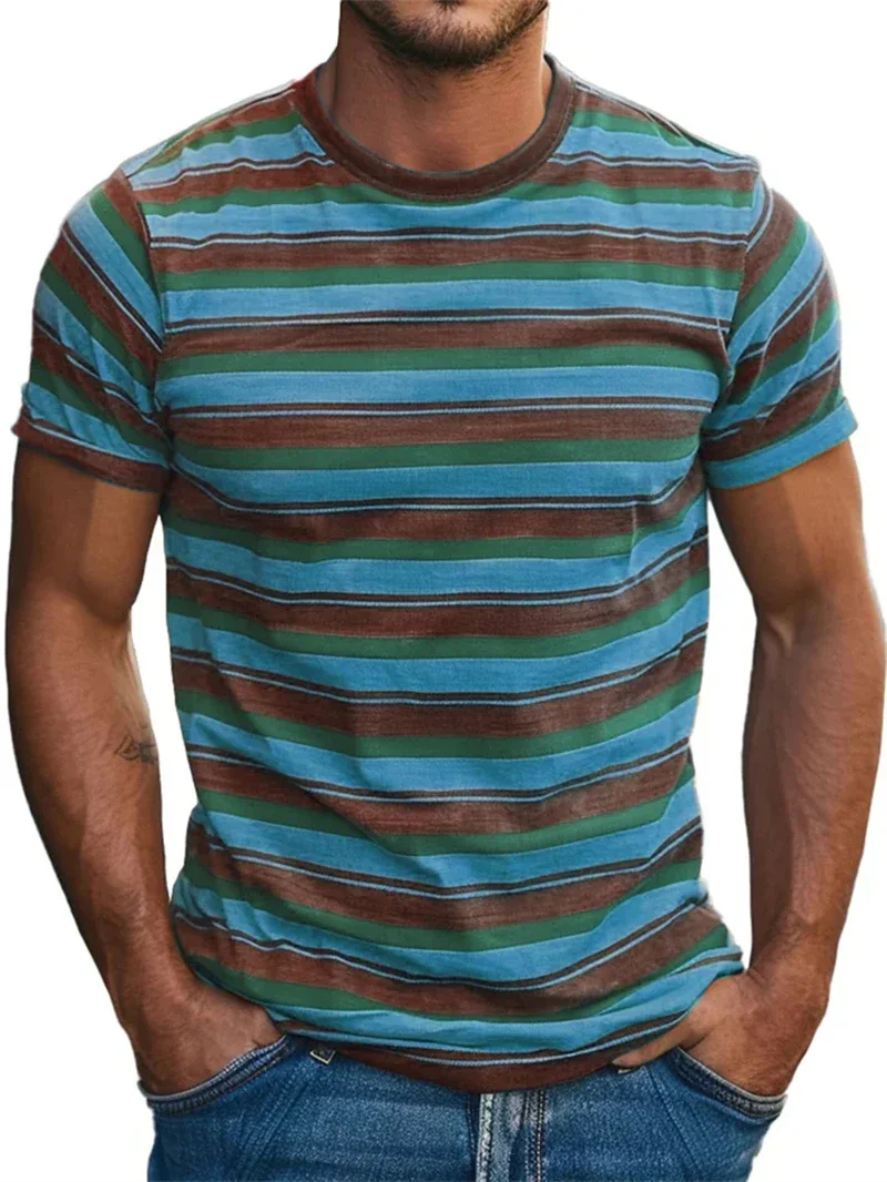 Men 3D Print Blue Brown Green Horizontal Stripe Graphic T Shirt Polyester Short Sleeve O Neck Retro Casual Tees Tops