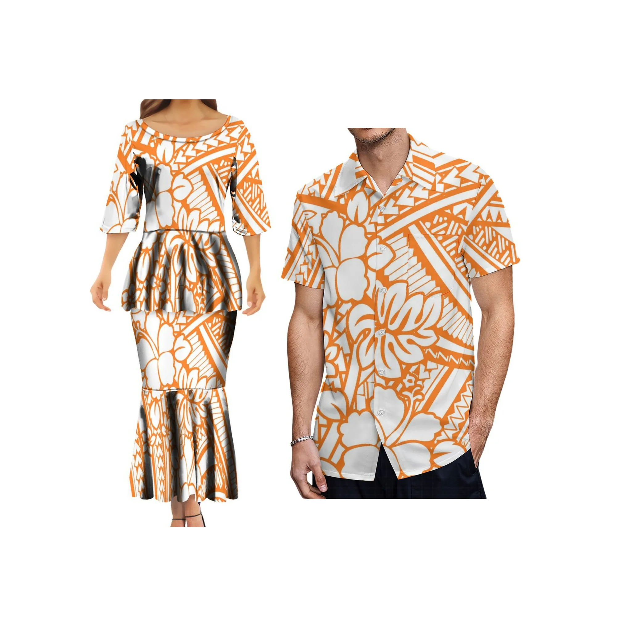 High Quality Samoa Custom Design Polynesian Tribal Puletasi Samoa Fishtail Dress And Shirt Couple Clothes