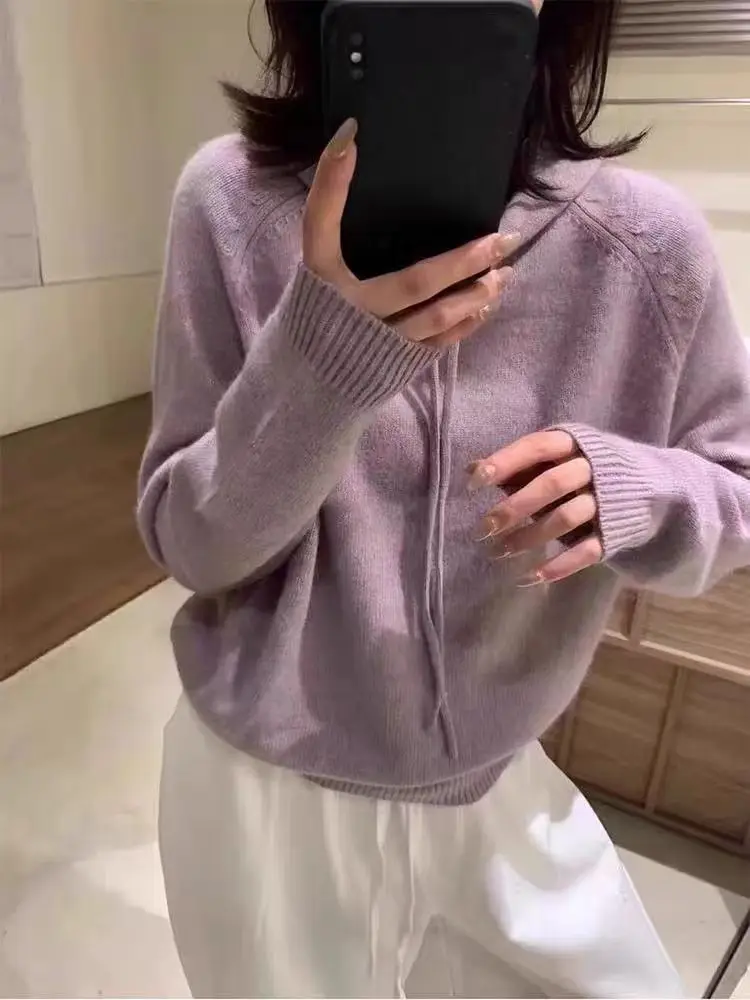 

Лидер продаж, новый женский свитер с капюшоном из 100% чистой шерсти, свободный высококачественный вязаный однотонный кашемировый пуловер с длинными рукавами, женский зимний