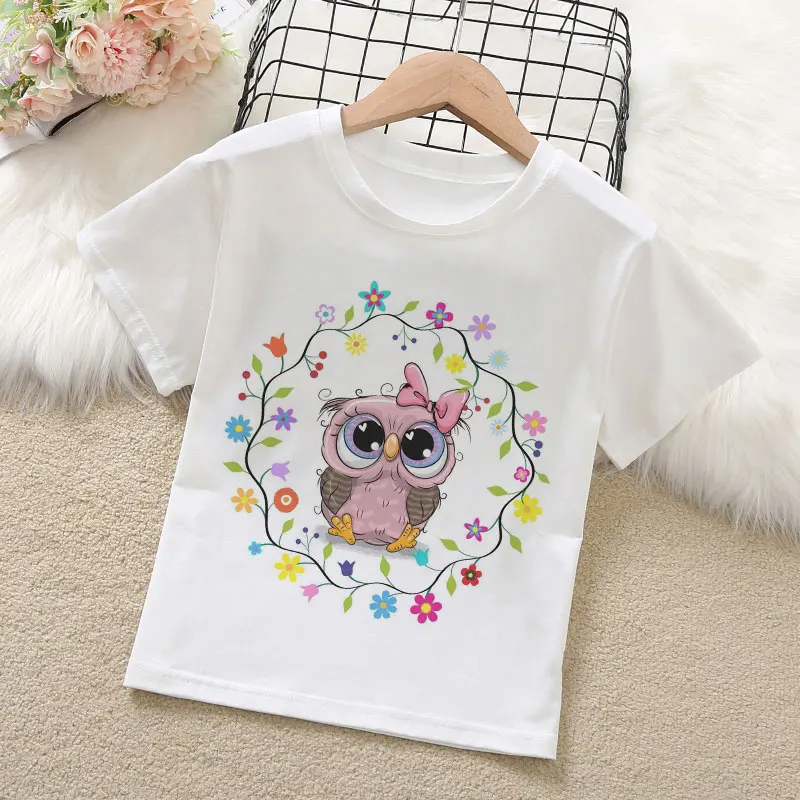 Summer Clothes For Girls Children Owl Cartoon Print T-Shirt 24M-9T Baby Kawaii Short Sleeve Top Kids Clothes Thin Section Wear