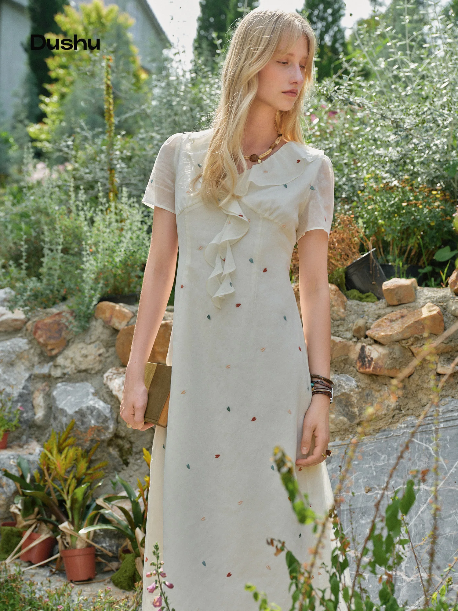 DUSHU 2026 Sommer Damen Blumen-Rüschenrock A-Linien-Midikleid - Verspielter, fantasierreicher Gartenstil für Urlaub und Alltag