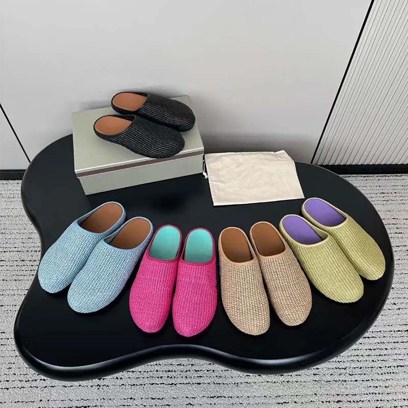 

Retro Round Toe Woven Slippers Niche External Wearing Large Size Flats Color Blocking Silp On Lazy Women Shoes Sandalias Mujer