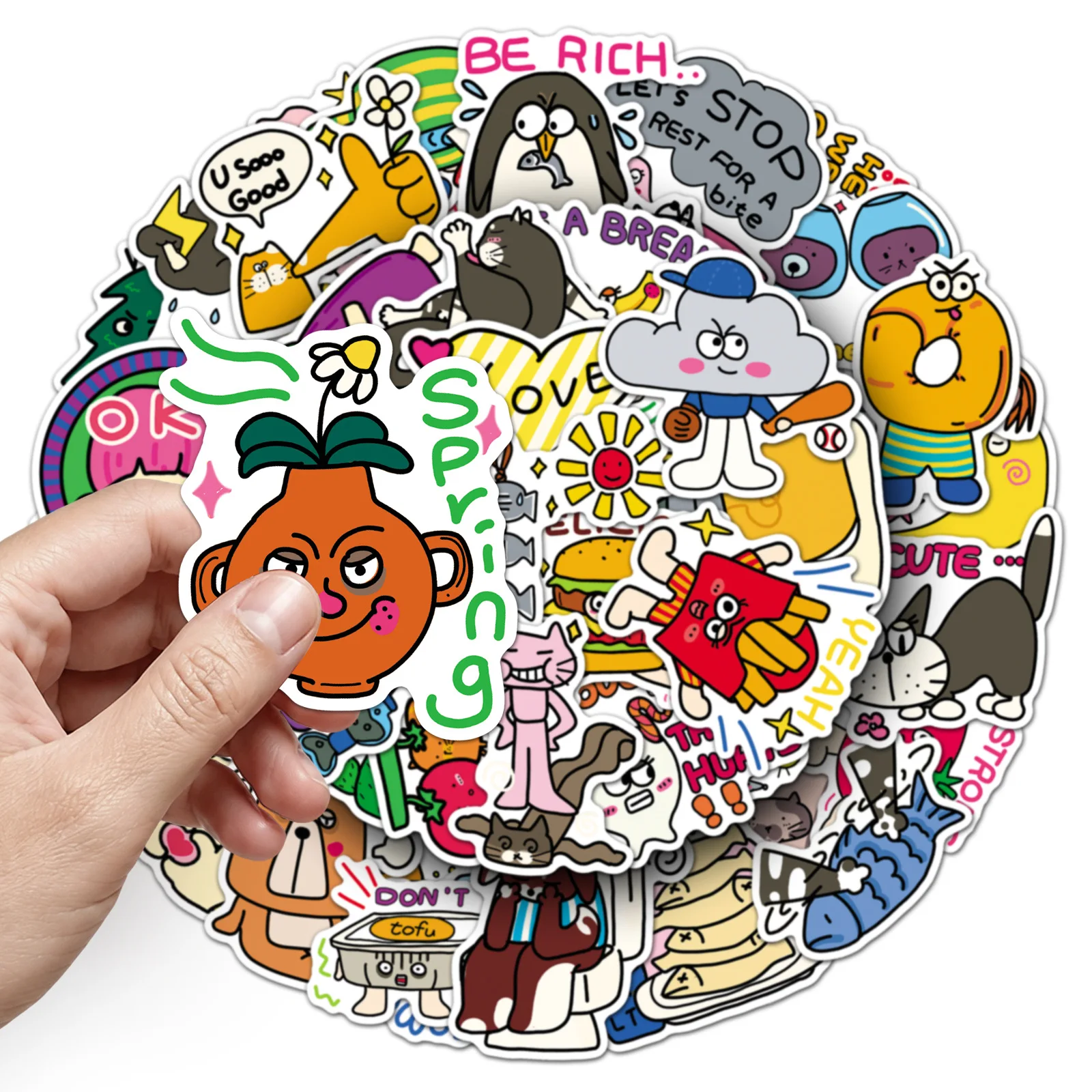 50 PCS Cartoon Healing Positive English Happy Supply Station Hand Drawn Stickers Decorate Helmet Skateboard Scrapbook Decals