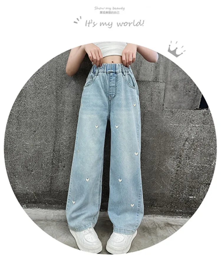 Neue Sommer-Jeans für Mädchen, leicht und atmungsaktiv, mit kleiner Herz-Stickerei, mückensichere Hose für Teenager-Mädchen im Alter von 4 bis 14 Jahren – Detail 9