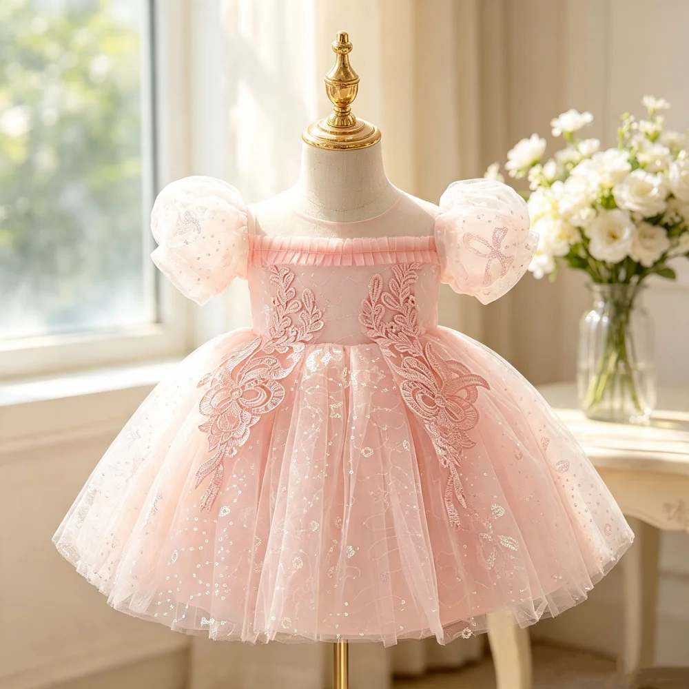 Light pink sweet baby girl dress with puff sleeves sweet and elegant dress for birthday party