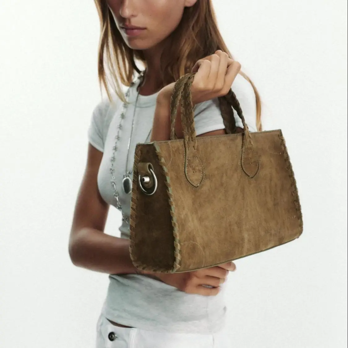 

WOMEN'S SUEDE CITY BAG, Luxury Design Woven Effect Tote Handbags, Wide Handle with Removable Crossbody Strap