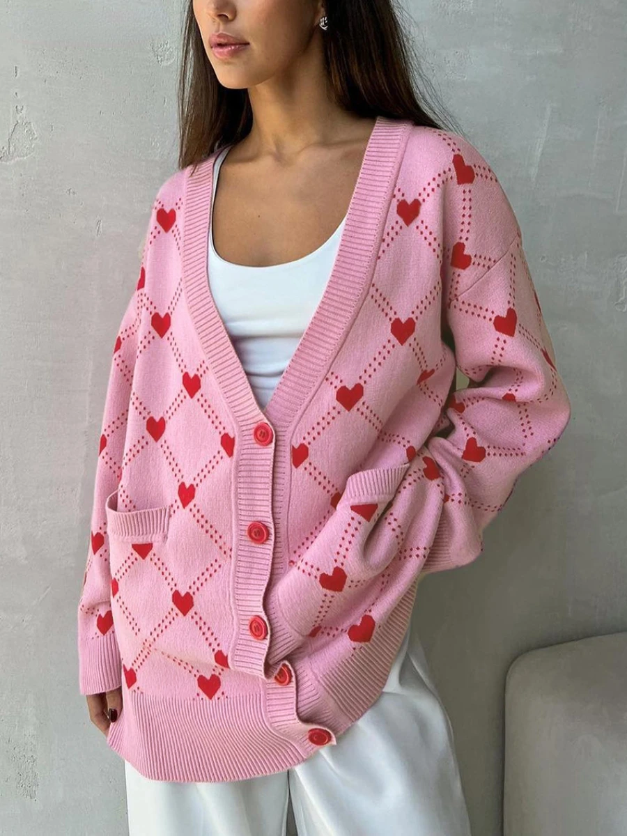 Wolfeel Women Pink Hearts Print Oversize Cardigan Soft V-neck Thiick Knitted Jacket Winter Button Vintage Cardigan for Women