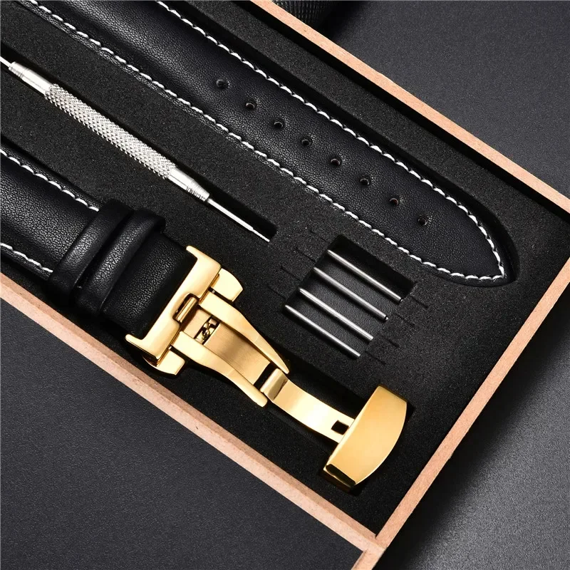 Echtes Lederarmband 18 mm 20 22 24 mm Uhrenarmband Automatische Schmetterlingsschnalle Herren- und Damen-Business-Armbanduhr mit Box-Handgelenkgürtel – Detail 7