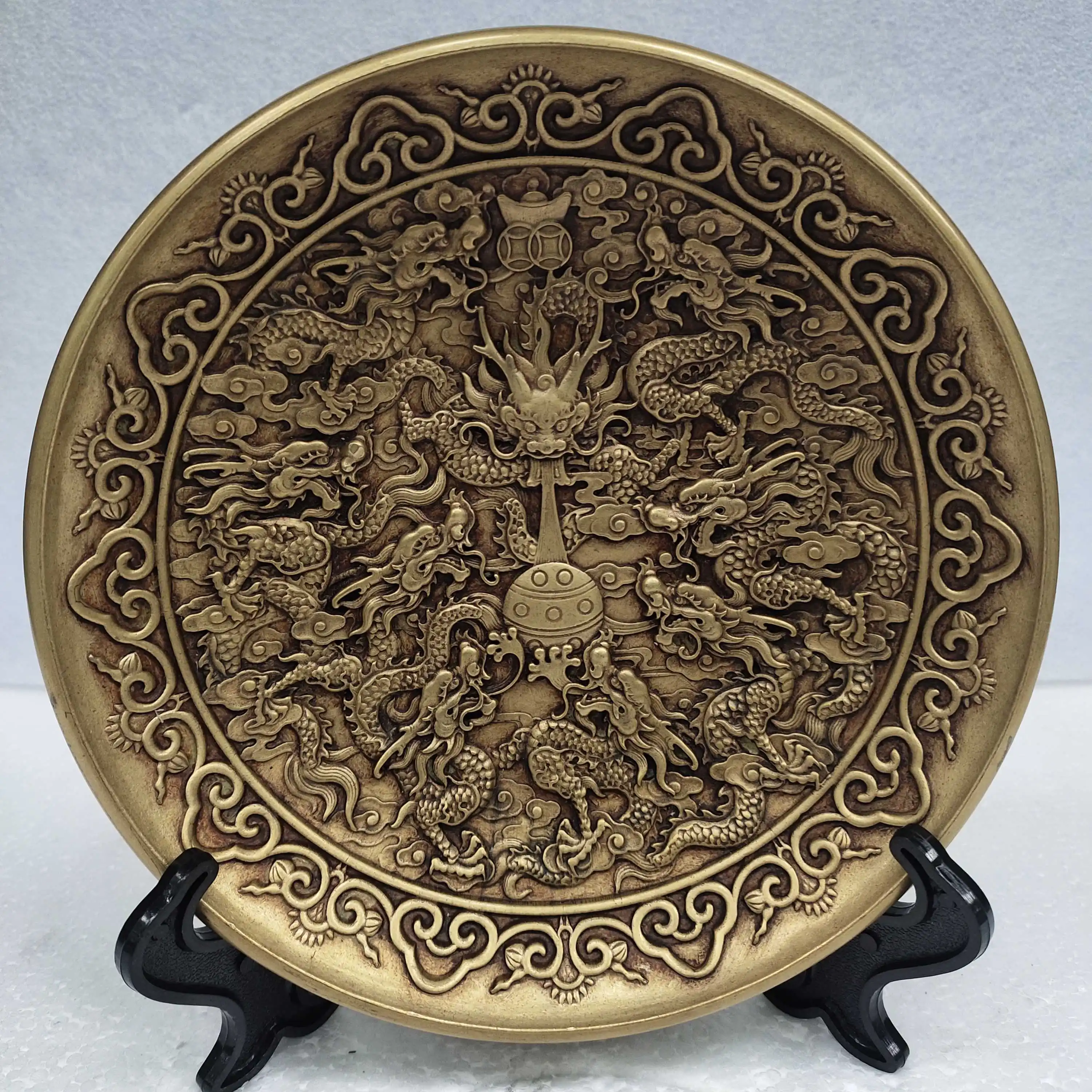 Antique Bronze Ware Collection: Vintage Pure Copper, Nine Dragons, Pearl Playing Plate, Plate, Paste, Moisturizing Home Craft