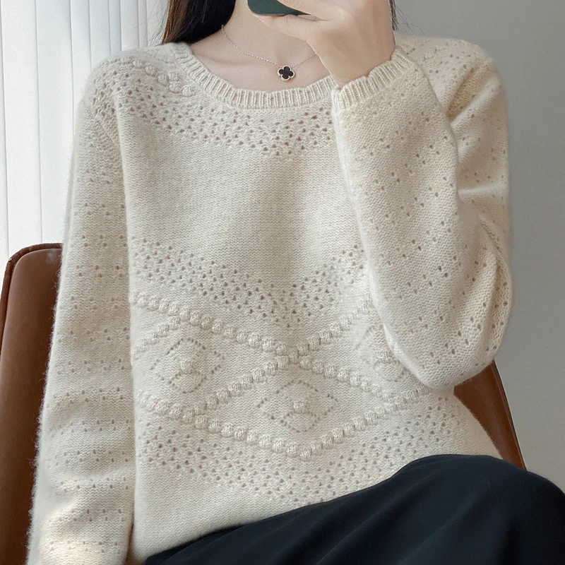 Real Merino Wool Lace Collar Sweater Women's Fashion Long-Sleeved Pullover Thick Warm Knit Top Autumn and Winter Women's Clothes