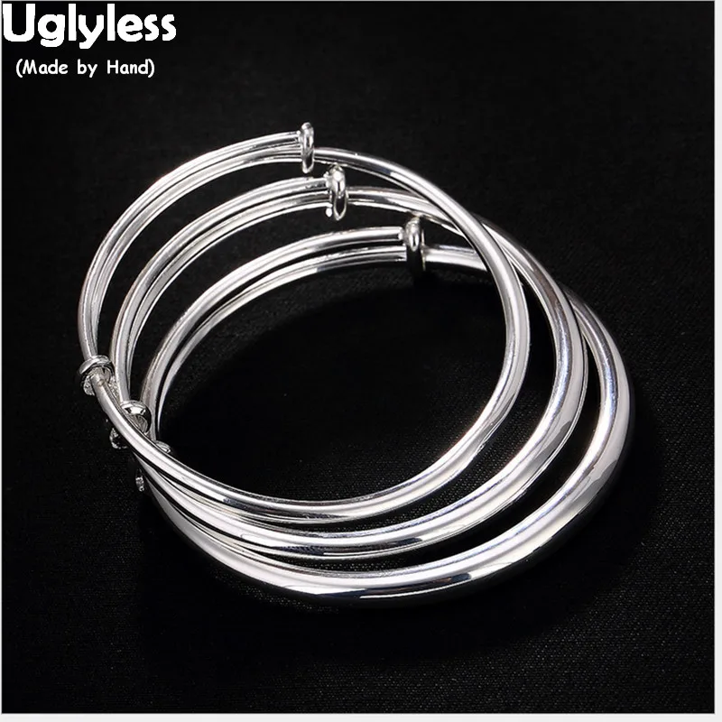 Uglyless Real 925 Sterling Silver Fine Jewelry Simple Push-pull Thick Bangles Women Plain Evening Dress Bangle Adjustable Bijoux