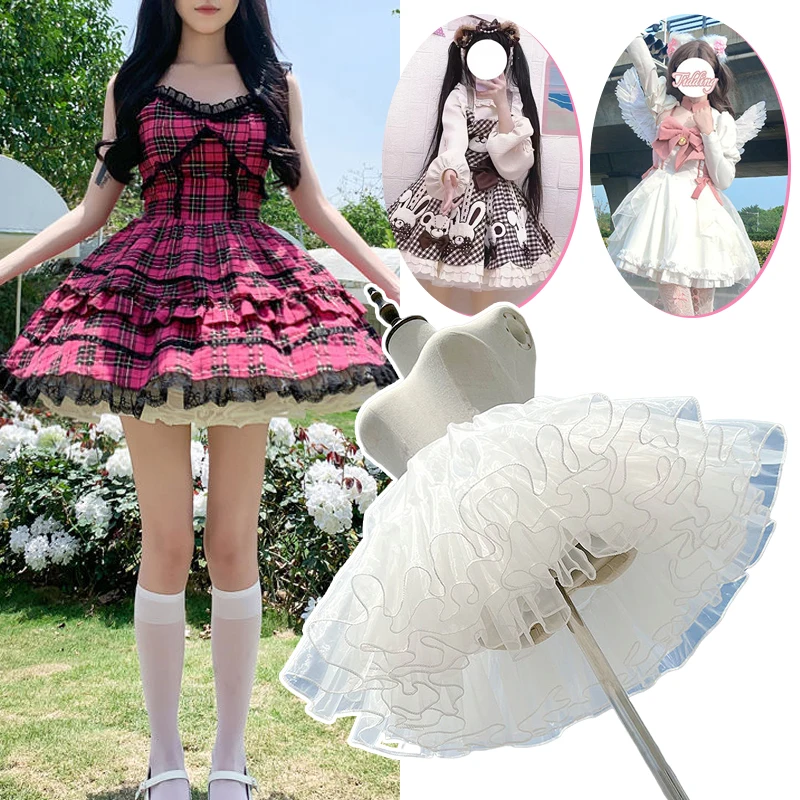 Gaun Lolita 4 Lapis Rok Petticoat Putih Hitam Mengembang Rok Lolita Tanpa Tulang Penyangga Lembut Aksesoris Gaun Kanopi Gadis Cosplay Jepang