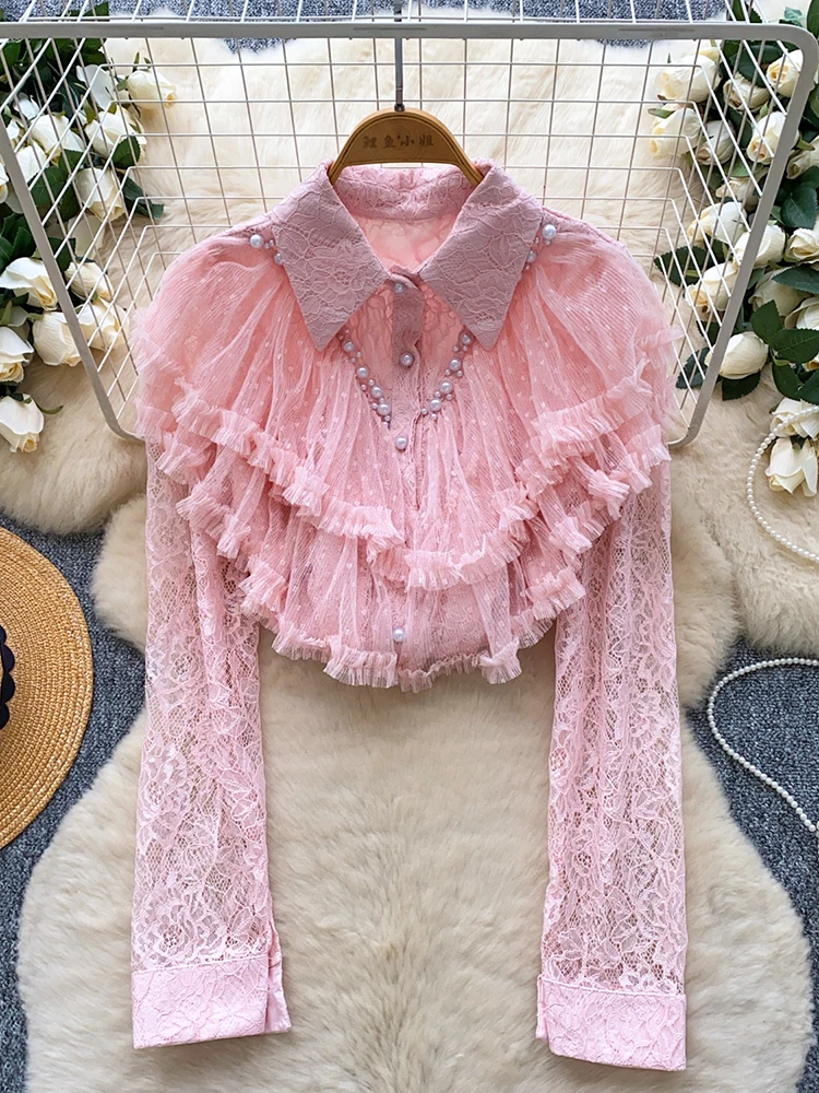 

French Nail Bead Ruffle Long Sleeved Pink Lace Blouse Top for Women Spring Autumn Fashionable Elegant Slim Fit Bottom Shirt W86