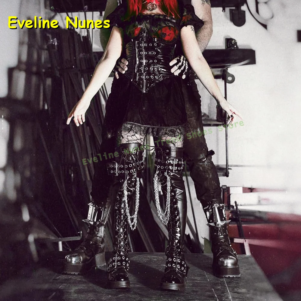 Punk Y2K Over The Knee Boots 2025 Newest Round Toe Chunky Heels Metal Decoration Chain Belt Buckle Patchwork Knight Boots Trend