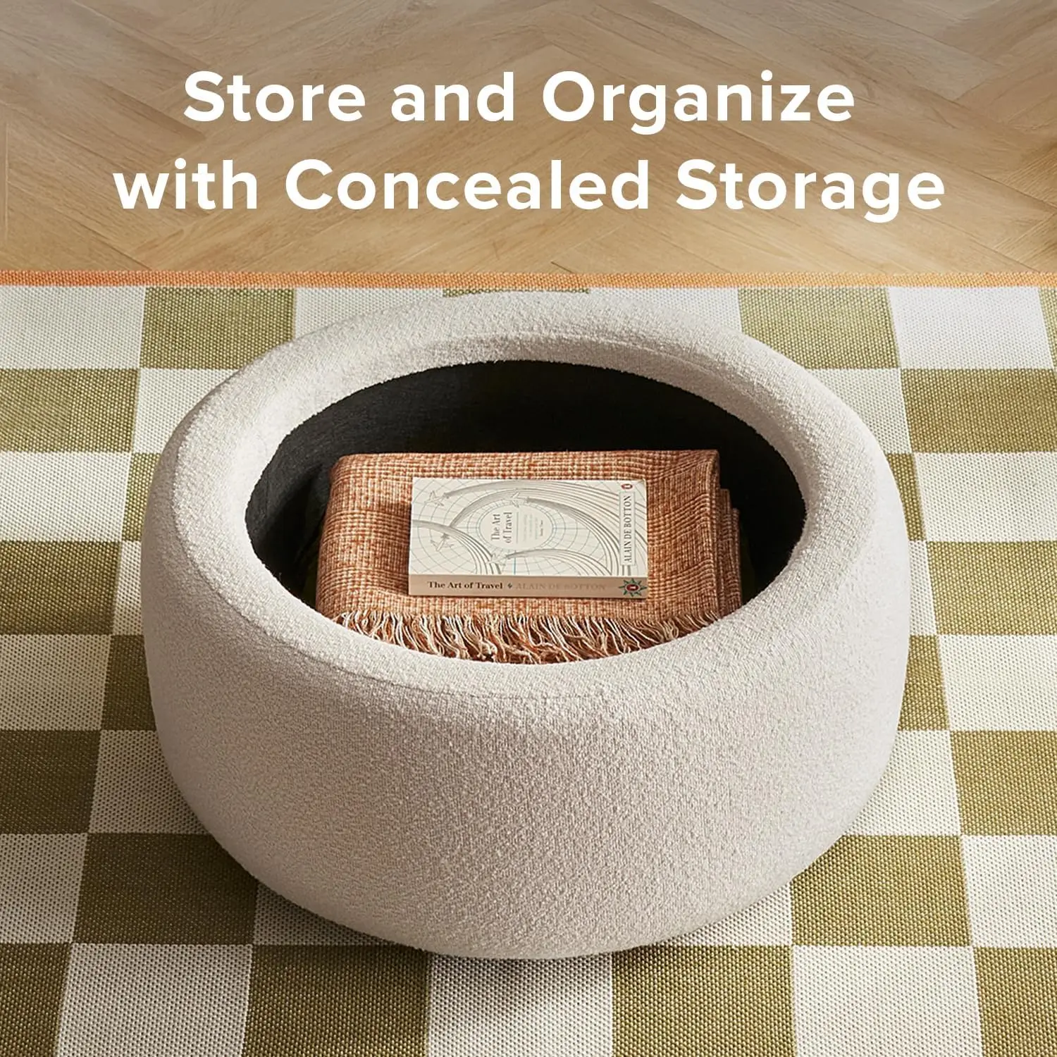 لونا مسند دائري مع مساحة تخزين وصينية، طاولة قهوة مستديرة مع مساحة تخزين، مقاعد قدم منجدة عثمانية لغرفة المعيشة