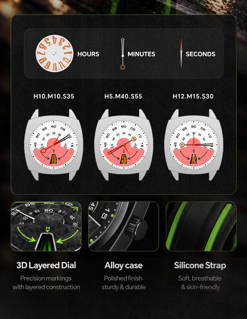 Sporty Racing Style Quartz Watch Men Square Dial Rubber Strap Casual Analog Wristwatch Modern Fashion Timepiece