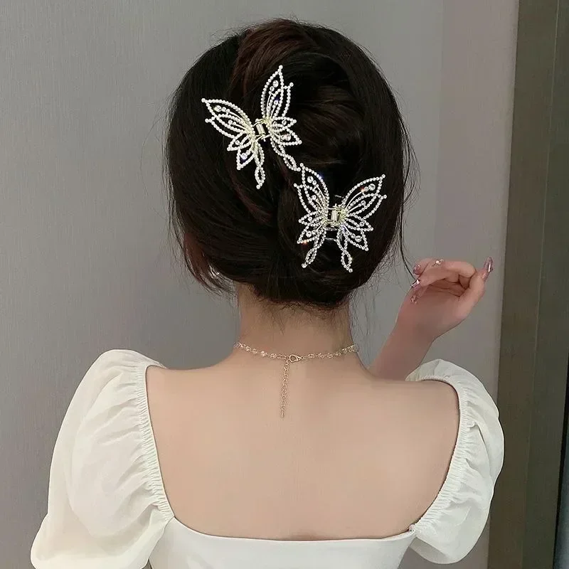 Butterfly Scrunchy Clip Hair Accessory, back of main plate, elegant temperament, rhinestone pearl, advanced SE, 1pc