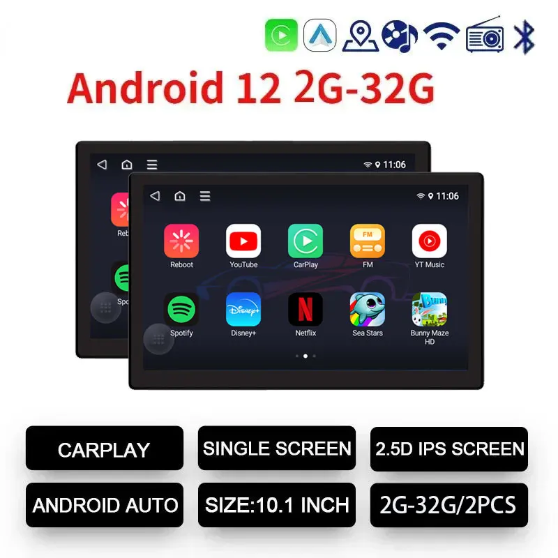 10.1 ''Auto Hoofdsteun Monitor Tablet Schermen Draadloze CarPlay Android 12 2 + 32G Auto Achterbank Video TV Speler FM Bluetooth HD Touch