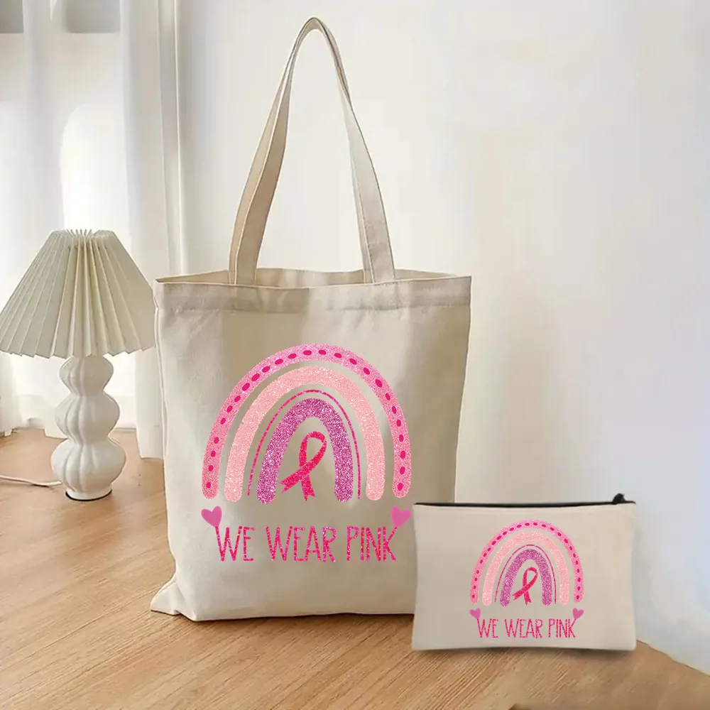 October Pink Breast Cancer Awareness Pattern Bag Set, Lightweight Large Capacity Tote Bag, Party Gift Handbag for Girls