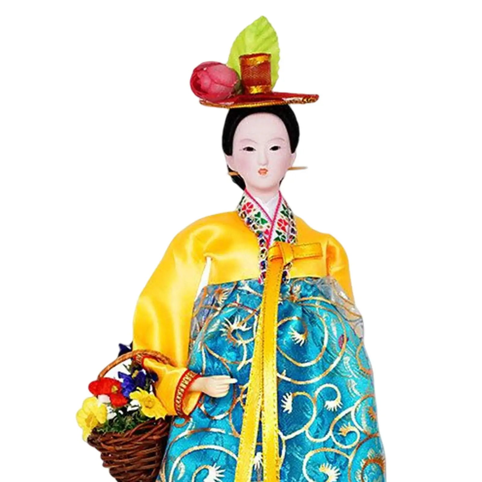 Ethnic Korean Lady Figurine Free Standing Geisha Doll Fabric Sculpture Miniature Decoration for Shelf Windowsill