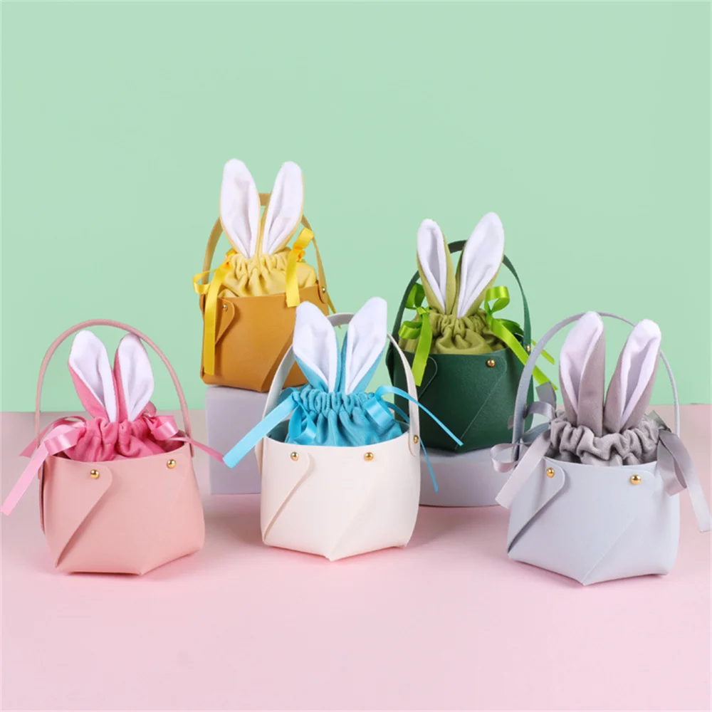 

Easter Gift Bag with Bucket Bunny Ears Gift Packing Bags Party PU Leather Favor Basket Candy Bag for Easter Celebrations